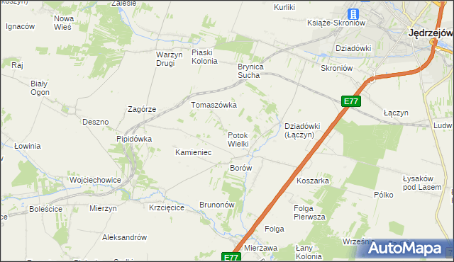 mapa Potok Wielki gmina Jędrzejów, Potok Wielki gmina Jędrzejów na mapie Targeo