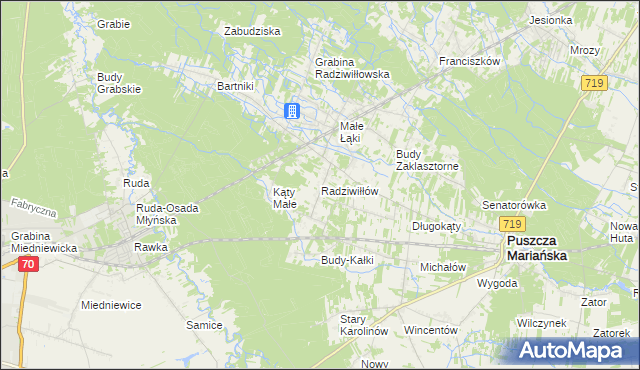 mapa Radziwiłłów gmina Puszcza Mariańska, Radziwiłłów gmina Puszcza Mariańska na mapie Targeo