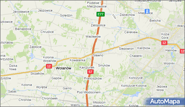 mapa Sławno gmina Wolanów, Sławno gmina Wolanów na mapie Targeo