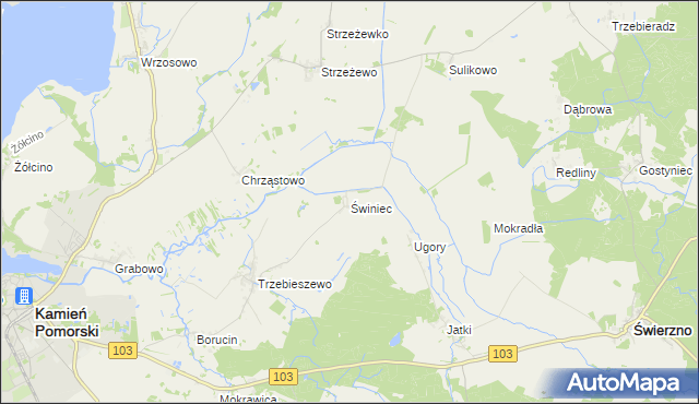 mapa Świniec gmina Kamień Pomorski, Świniec gmina Kamień Pomorski na mapie Targeo
