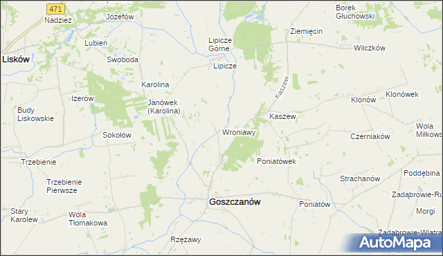 mapa Wroniawy gmina Goszczanów, Wroniawy gmina Goszczanów na mapie Targeo