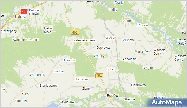 mapa Wrzosy gmina Popów, Wrzosy gmina Popów na mapie Targeo