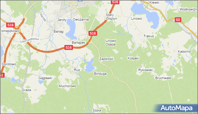 mapa Zazdrość gmina Stawiguda, Zazdrość gmina Stawiguda na mapie Targeo