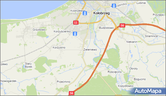 mapa Zieleniewo gmina Kołobrzeg, Zieleniewo gmina Kołobrzeg na mapie Targeo