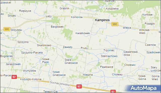 mapa Prusy gmina Kampinos, Prusy gmina Kampinos na mapie Targeo