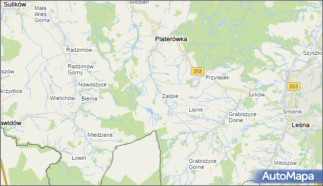 mapa Zalipie gmina Platerówka, Zalipie gmina Platerówka na mapie Targeo