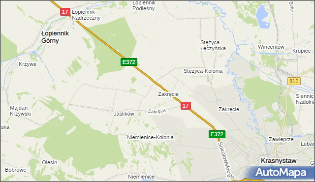 mapa Zakręcie gmina Krasnystaw, Zakręcie gmina Krasnystaw na mapie Targeo