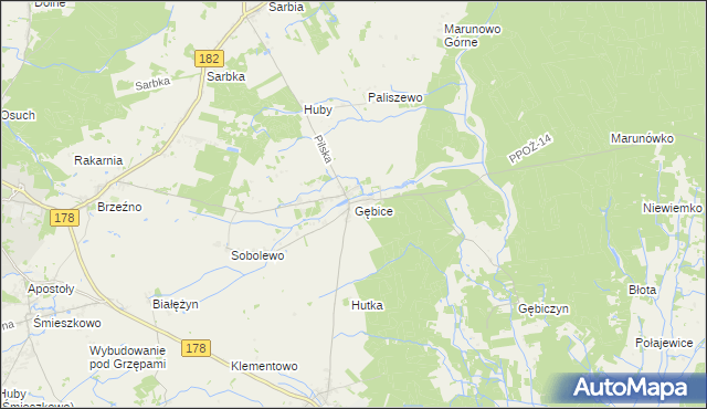 mapa Gębice gmina Czarnków, Gębice gmina Czarnków na mapie Targeo