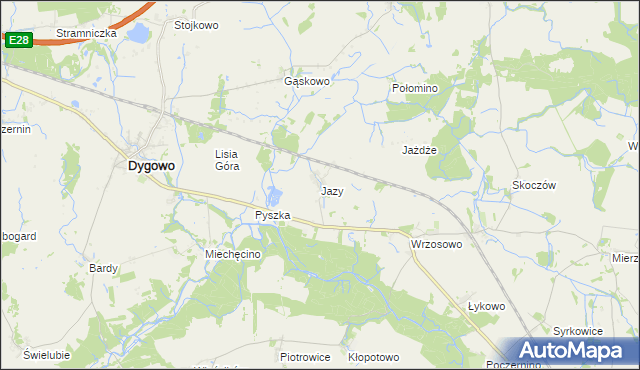 mapa Jazy gmina Dygowo, Jazy gmina Dygowo na mapie Targeo