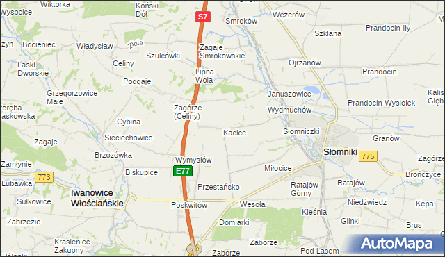 mapa Kacice gmina Słomniki, Kacice gmina Słomniki na mapie Targeo