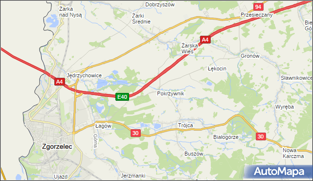 mapa Pokrzywnik gmina Zgorzelec, Pokrzywnik gmina Zgorzelec na mapie Targeo