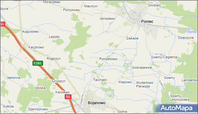 mapa Potrzebowo gmina Bojanowo, Potrzebowo gmina Bojanowo na mapie Targeo