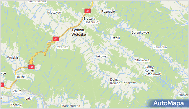 mapa Rakowa gmina Tyrawa Wołoska, Rakowa gmina Tyrawa Wołoska na mapie Targeo