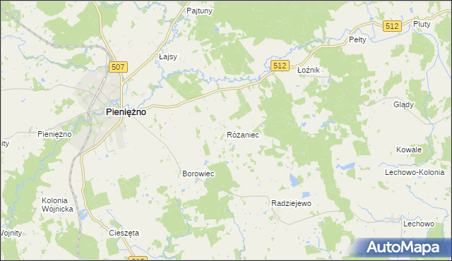 mapa Różaniec gmina Pieniężno, Różaniec gmina Pieniężno na mapie Targeo