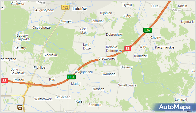 mapa Brzozowiec gmina Lututów, Brzozowiec gmina Lututów na mapie Targeo