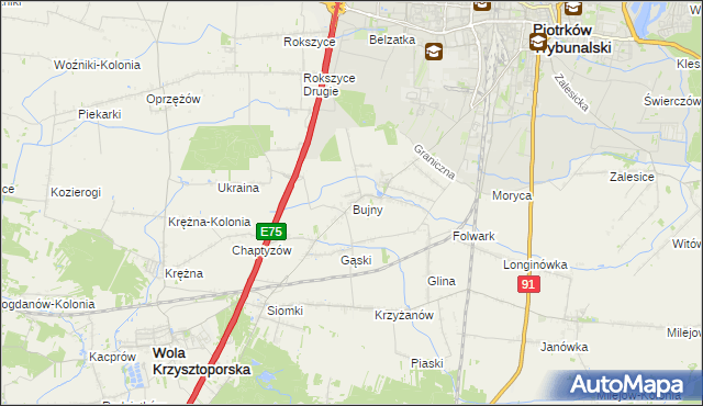 mapa Bujny gmina Wola Krzysztoporska, Bujny gmina Wola Krzysztoporska na mapie Targeo