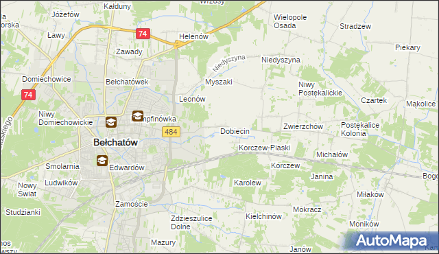 mapa Dobiecin gmina Bełchatów, Dobiecin gmina Bełchatów na mapie Targeo