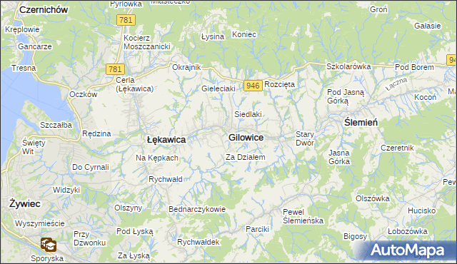 mapa Gilowice powiat żywiecki, Gilowice powiat żywiecki na mapie Targeo