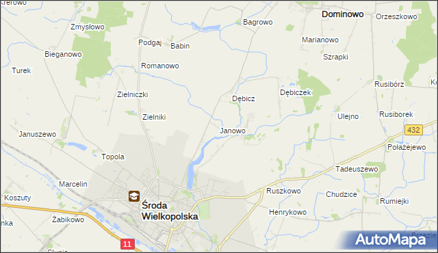 mapa Janowo gmina Środa Wielkopolska, Janowo gmina Środa Wielkopolska na mapie Targeo