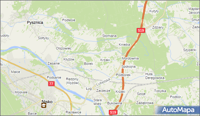 mapa Krzaki gmina Pysznica, Krzaki gmina Pysznica na mapie Targeo