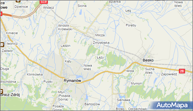 mapa Łazy gmina Rymanów, Łazy gmina Rymanów na mapie Targeo