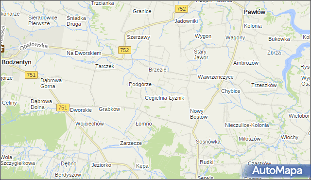 mapa Modrzewie gmina Pawłów, Modrzewie gmina Pawłów na mapie Targeo