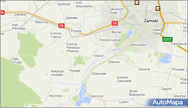 mapa Mokre gmina Zamość, Mokre gmina Zamość na mapie Targeo