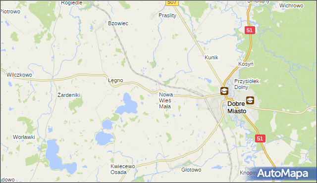 mapa Nowa Wieś Mała gmina Dobre Miasto, Nowa Wieś Mała gmina Dobre Miasto na mapie Targeo