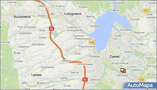 mapa Pietrzykowice gmina Łodygowice, Pietrzykowice gmina Łodygowice na mapie Targeo