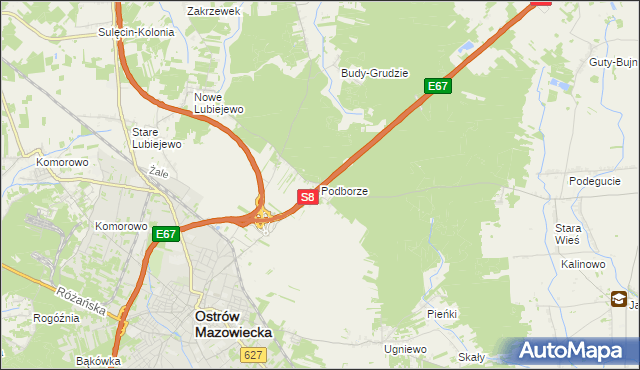 mapa Podborze gmina Ostrów Mazowiecka, Podborze gmina Ostrów Mazowiecka na mapie Targeo