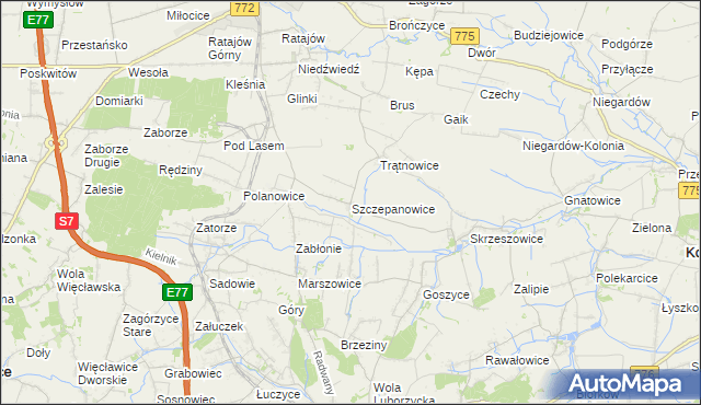 mapa Szczepanowice gmina Słomniki, Szczepanowice gmina Słomniki na mapie Targeo