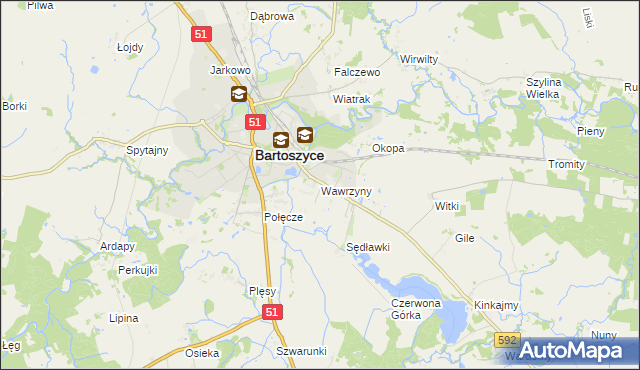 mapa Wawrzyny gmina Bartoszyce, Wawrzyny gmina Bartoszyce na mapie Targeo