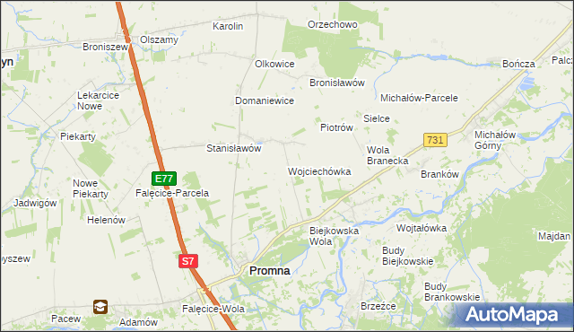 mapa Wojciechówka gmina Promna, Wojciechówka gmina Promna na mapie Targeo
