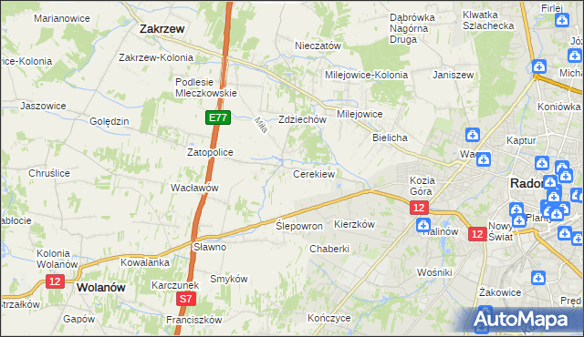 mapa Cerekiew gmina Zakrzew, Cerekiew gmina Zakrzew na mapie Targeo