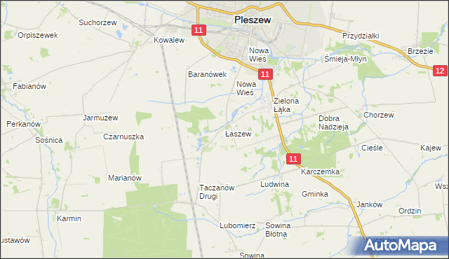 mapa Łaszew gmina Pleszew, Łaszew gmina Pleszew na mapie Targeo