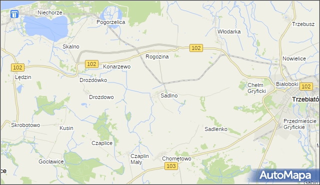 mapa Sadlno gmina Trzebiatów, Sadlno gmina Trzebiatów na mapie Targeo