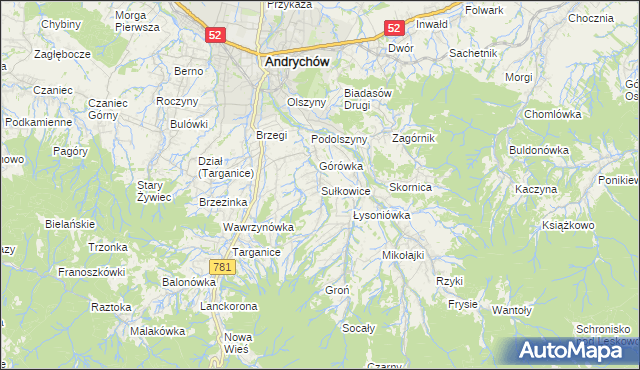 mapa Sułkowice gmina Andrychów, Sułkowice gmina Andrychów na mapie Targeo