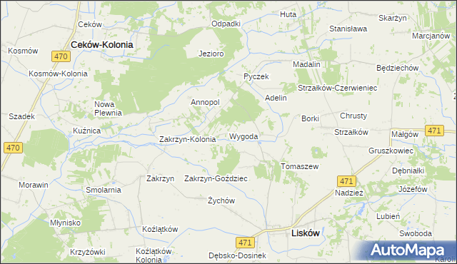mapa Wygoda gmina Lisków, Wygoda gmina Lisków na mapie Targeo