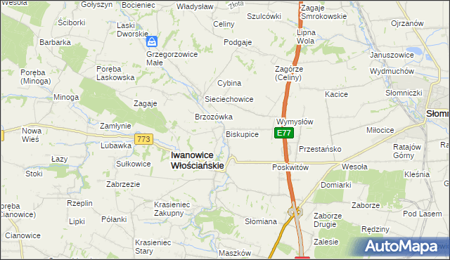 mapa Biskupice gmina Iwanowice, Biskupice gmina Iwanowice na mapie Targeo