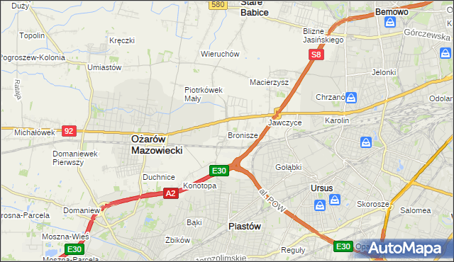 mapa Bronisze gmina Ożarów Mazowiecki, Bronisze gmina Ożarów Mazowiecki na mapie Targeo