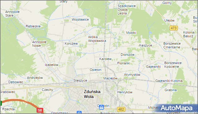mapa Karolew gmina Zduńska Wola, Karolew gmina Zduńska Wola na mapie Targeo