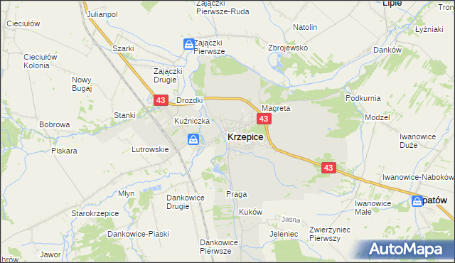 mapa Krzepice powiat kłobucki, Krzepice powiat kłobucki na mapie Targeo