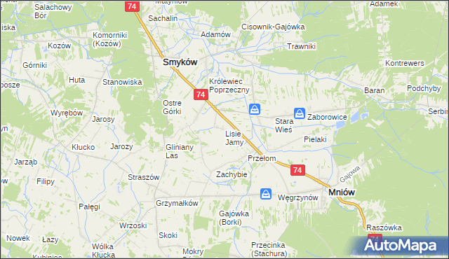 mapa Lisie Jamy gmina Mniów, Lisie Jamy gmina Mniów na mapie Targeo