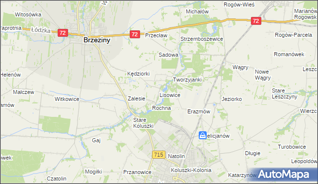 mapa Lisowice gmina Koluszki, Lisowice gmina Koluszki na mapie Targeo