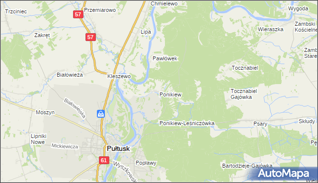 mapa Ponikiew gmina Pułtusk, Ponikiew gmina Pułtusk na mapie Targeo