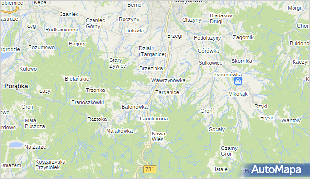 mapa Targanice, Targanice na mapie Targeo