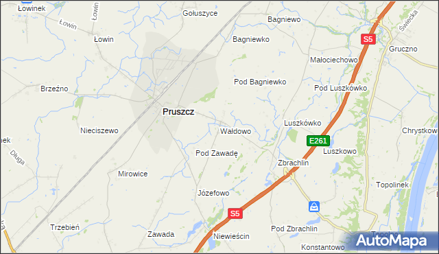 mapa Wałdowo gmina Pruszcz, Wałdowo gmina Pruszcz na mapie Targeo