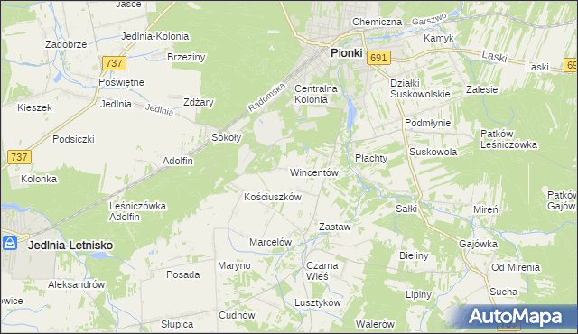 mapa Wincentów gmina Pionki, Wincentów gmina Pionki na mapie Targeo
