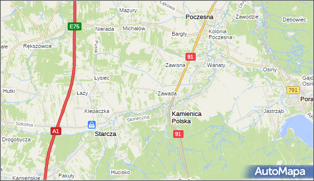 mapa Zawada gmina Kamienica Polska, Zawada gmina Kamienica Polska na mapie Targeo