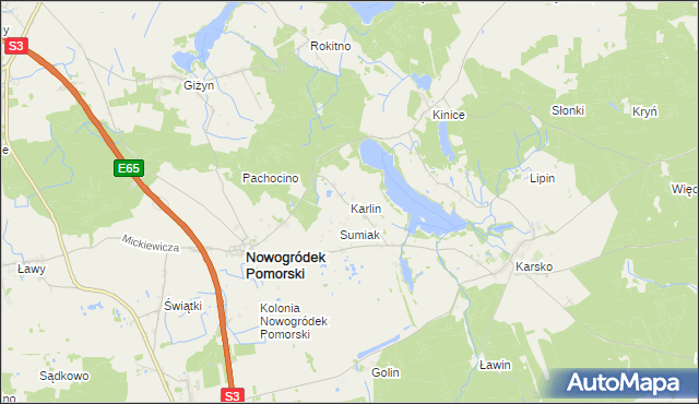 mapa Karlin gmina Nowogródek Pomorski, Karlin gmina Nowogródek Pomorski na mapie Targeo